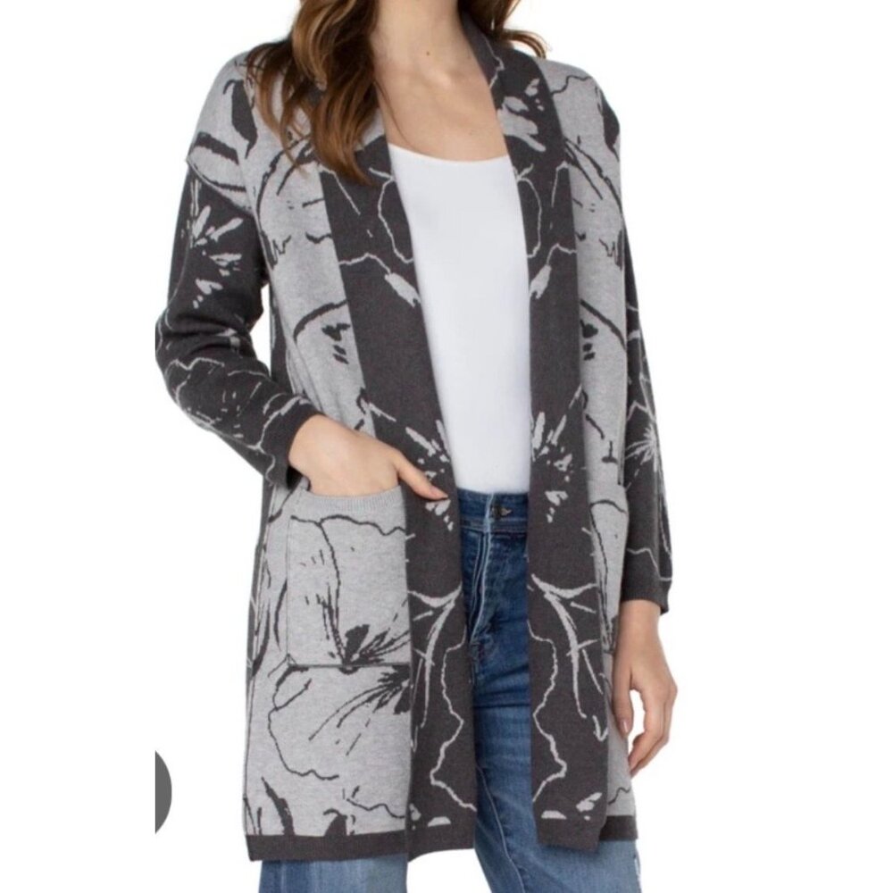 NWT Liverpool Los Angeles Long Open Front Cardigan Gray Sketchy Floral Jacquard